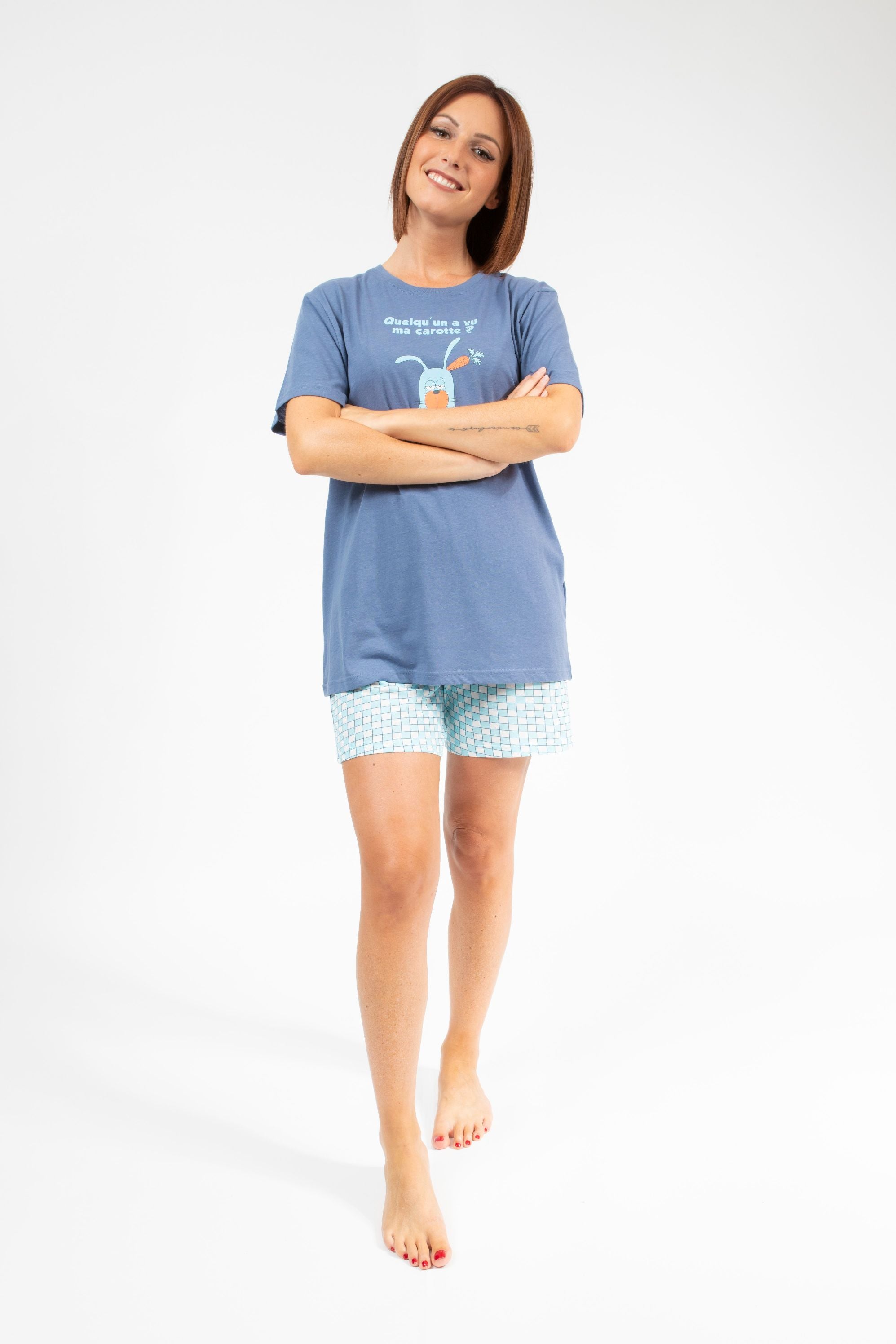 Pyjama Short Femme Bleu Gris